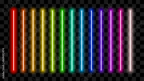 Laser and Luminous Neon Light Sticks. Set of Gradient Lights Beams in a Rainbow of Colors - Red, Orange, Yellow, Green, Blue, Purple, Violet, and White Glowing Vector LED Neon Lamps.