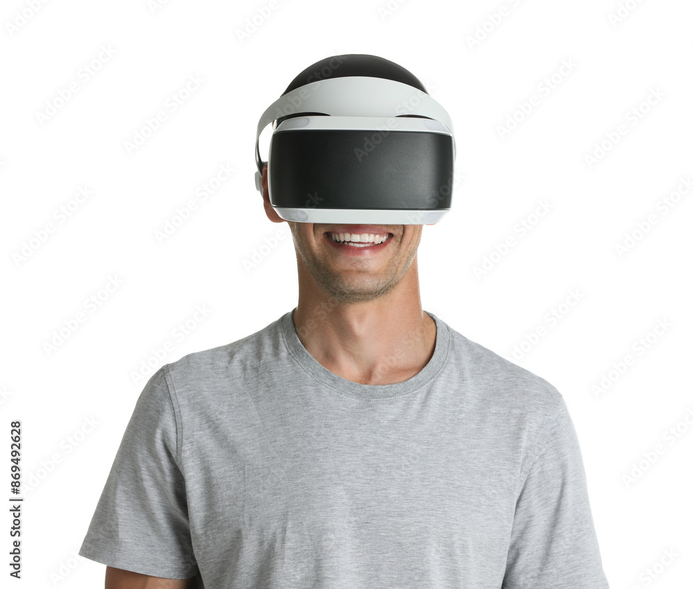 Smiling man using virtual reality headset on white background Smiling man using virtual reality headset on white background