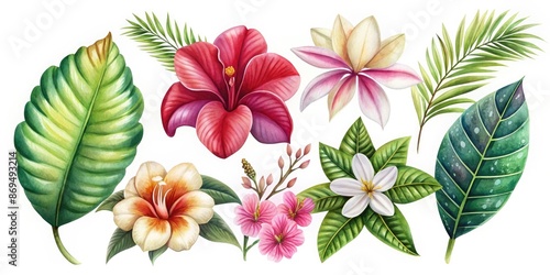 set of watercolor tropical flowers and leaves