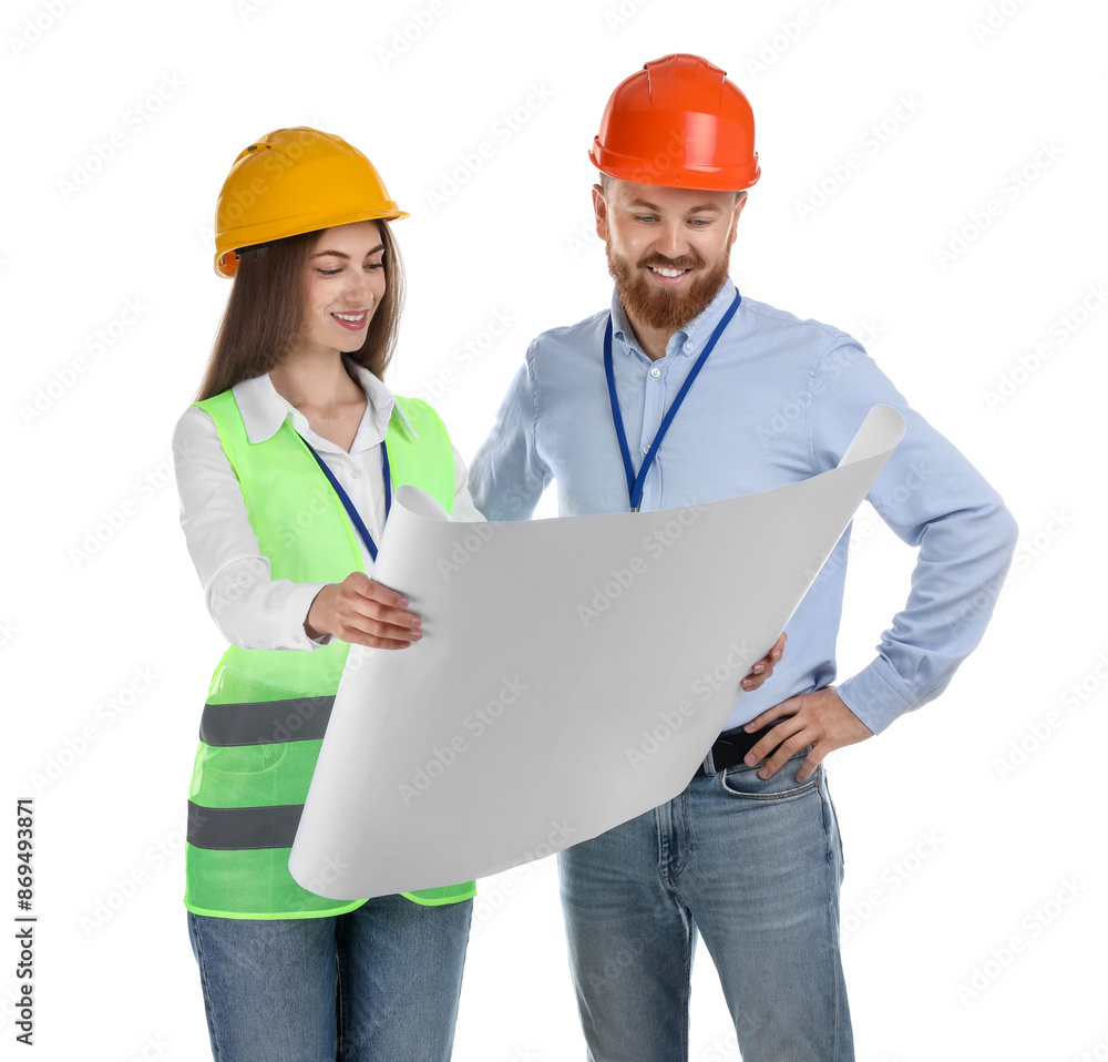 Engineers in hard hats with draft on white background Engineers in hard hats with draft on white background