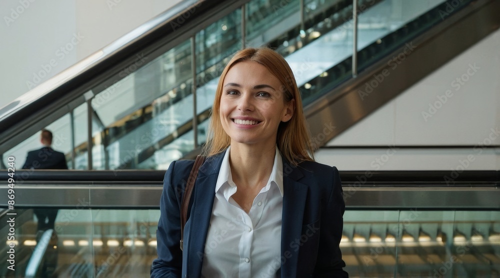 Fototapeta premium Smiling business woman with suitcase standing on escal