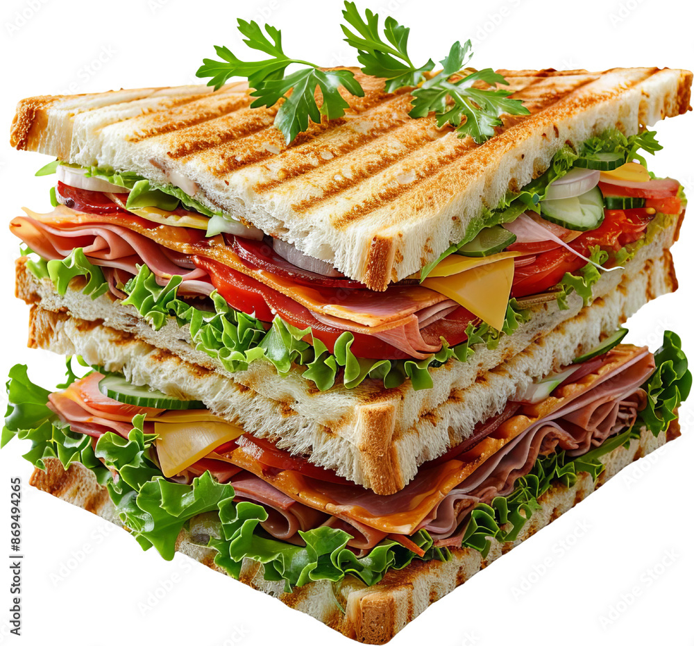 Delicious triple-decker sandwich with layers of fresh vegetables, ham, and cheese served on grilled bread, garnished with parsley. Delicious triple-decker sandwich with layers of fresh vegetables, ham, and cheese served on grilled bread, garnished with parsley.