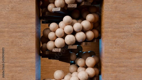 Oddly Satisfying wooden balls race run track, marble spheres racing down stairs, rolling and bouncing , abstract background, jumping down the marble staircase, Motion Graphics design, 3d render