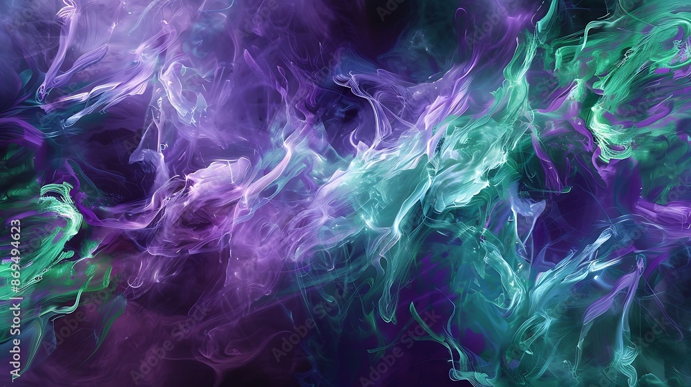 Obraz premium Radiant ultraviolet energy merging with tranquil jade colors, forming a captivating abstract composition captured in vivid HD detail.