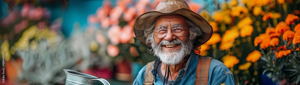 Elderly gardener with a watering can, smiling excitedly, holding a small shovel, colorful background, editorial style, nature photo Elderly gardener with a watering can, smiling excitedly, holding a small shovel, colorful background, editorial style, nature photo