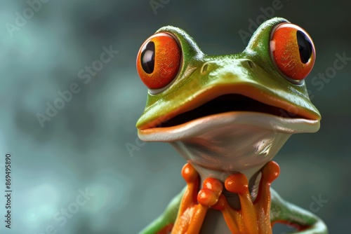 Close-up of a funny cartoon frog with large red eyes, bright green and orange skin, and a humorous expression, set against a simple gradient background.