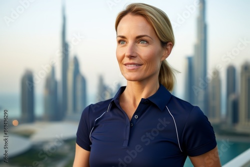 Free Download Portrait of a glad woman in her 40s wearing a sporty polo shirt isolated in stunning skyscraper skyline - GFXLoad