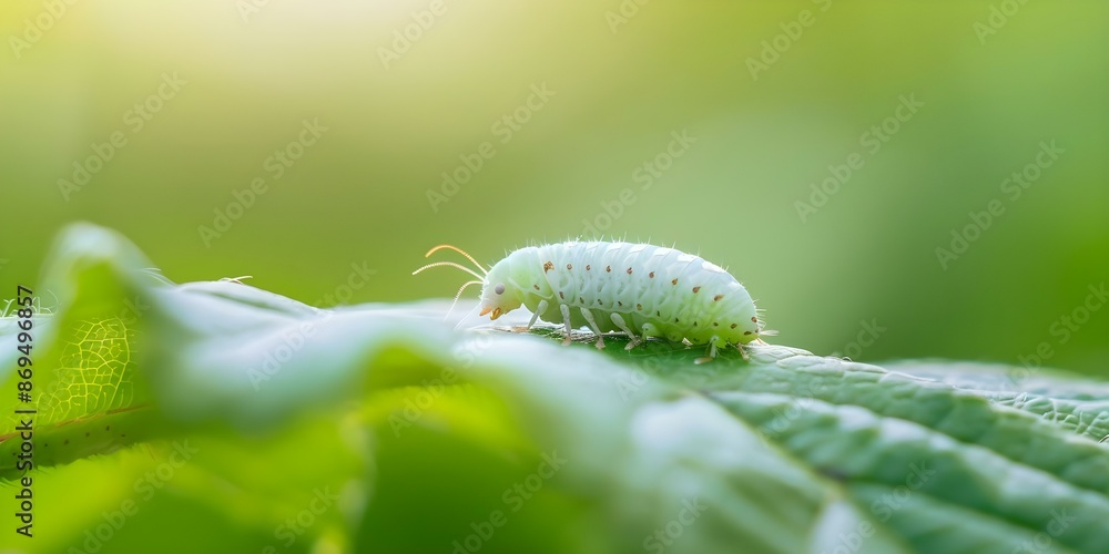 Naklejka premium Silkworms craft a living tapestry on mulberry leaves in peaceful surroundings. Concept Silkworms, Mulberry Leaves, Living Tapestry, Peaceful Surroundings, Craftsmanship,