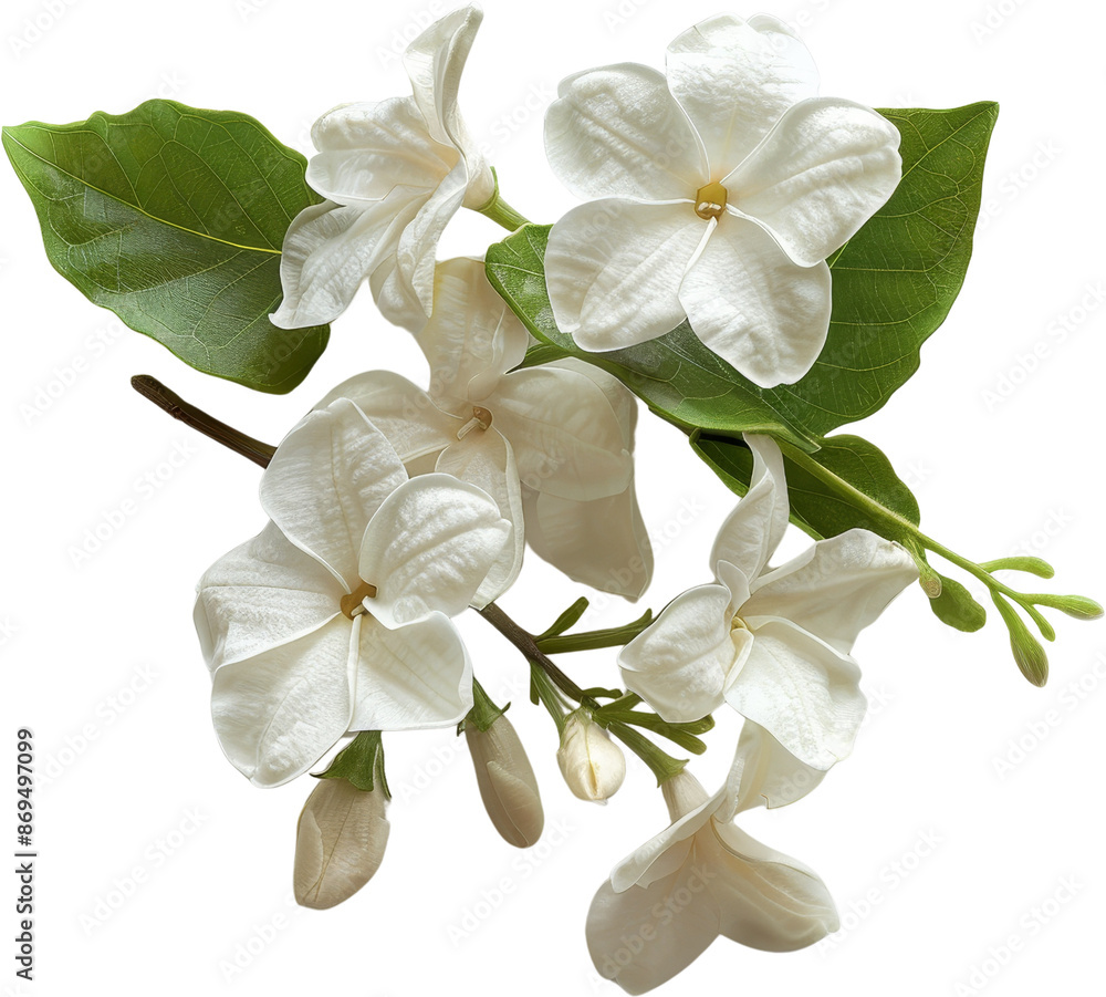 Naklejka premium Beautiful white jasmine flowers with green leaves, perfect for floral designs and nature-themed projects.