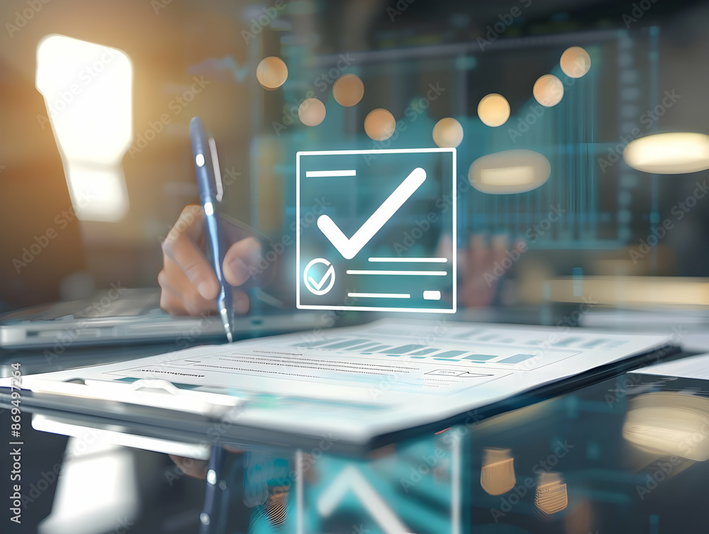 Obraz premium Monitoring and selection, Checklist and Quality Assurance, Online survey filling out, digital form checklist, Business performance monitoring concept, Concept of hiring, selection, interview