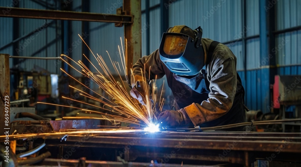 Welding work with metal construction at busy metal face Welding work with metal construction at busy metal face