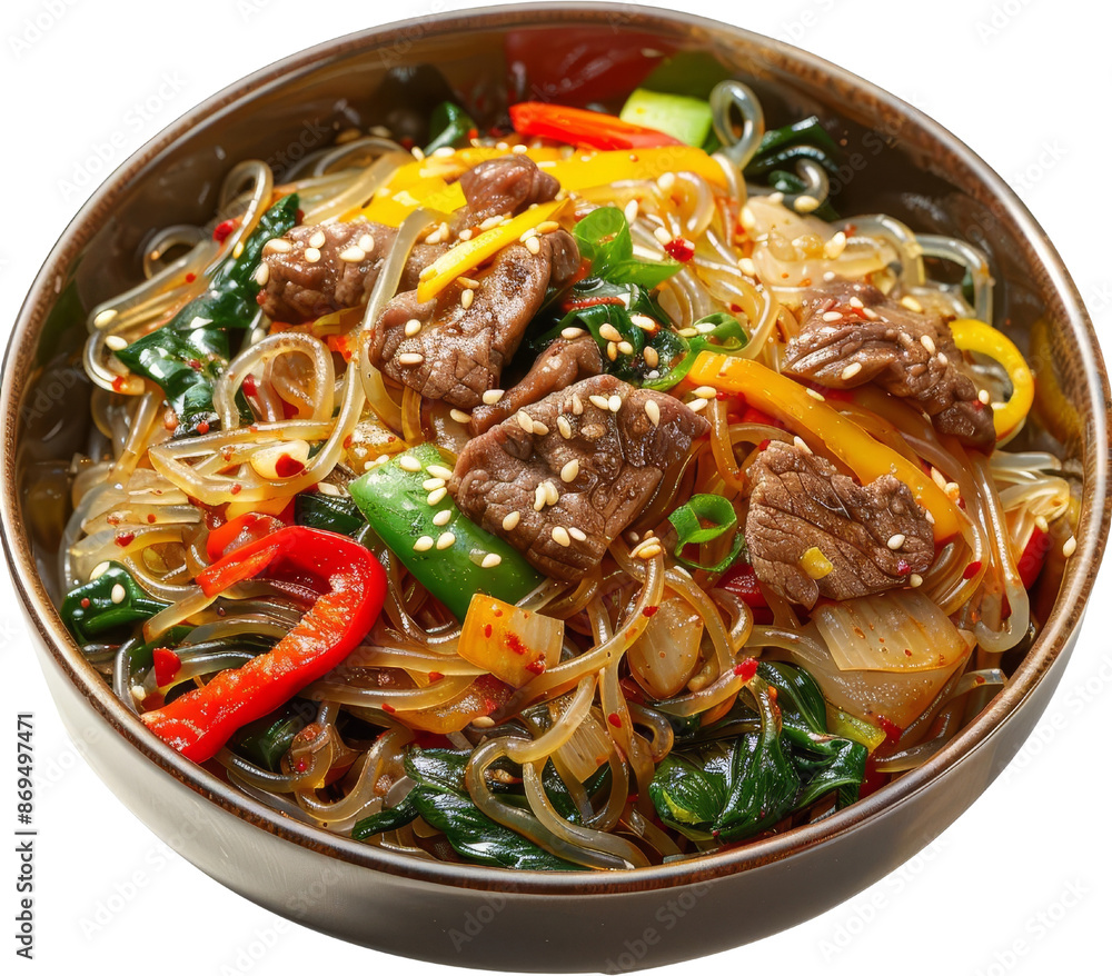 Delicious bowl of Asian stir-fried glass noodles with vegetables and beef, garnished with sesame seeds and fresh green onions. Delicious bowl of Asian stir-fried glass noodles with vegetables and beef, garnished with sesame seeds and fresh green onions.