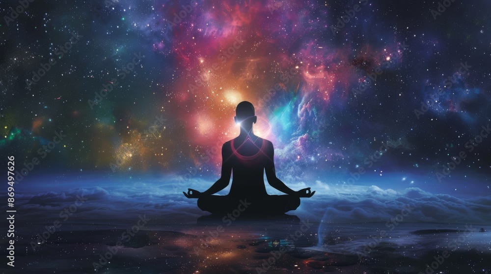 Silhouette of a Meditator Against a Cosmic Background Silhouette of a Meditator Against a Cosmic Background
