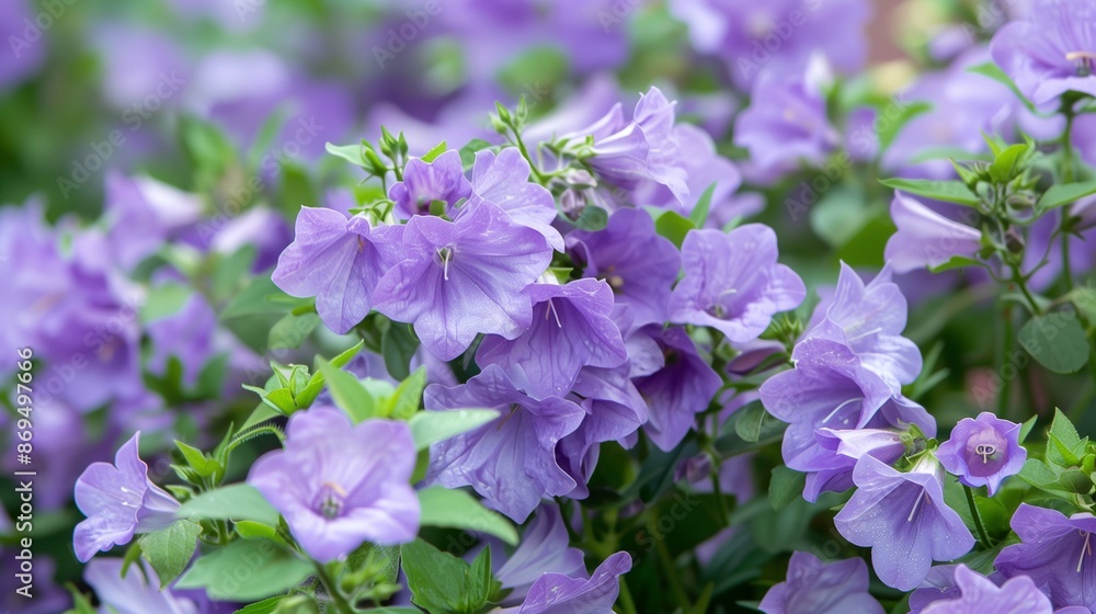 Small bellflowers with lush leaves in garden closeup image. Campanula carpatica decorative plants cultivation close up photography. Spring blossom beauty concept photo realistic Small bellflowers with lush leaves in garden closeup image. Campanula carpatica decorative plants cultivation close up photography. Spring blossom beauty concept photo realistic