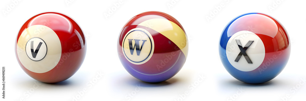 Letters V, W, X. Billiard Ball Alphabet: Pool-Themed Letters. Letters V, W, X. Billiard Ball Alphabet: Pool-Themed Letters.