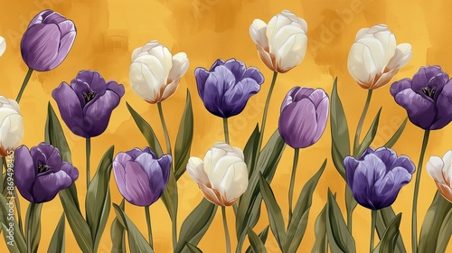 Pastel tulips field blooming 2D illustration. Spring flowers tenderness. Holiday event floral decor flat cartoon image colorful scene. Beautiful blossoming plants wallpaper art #869498465