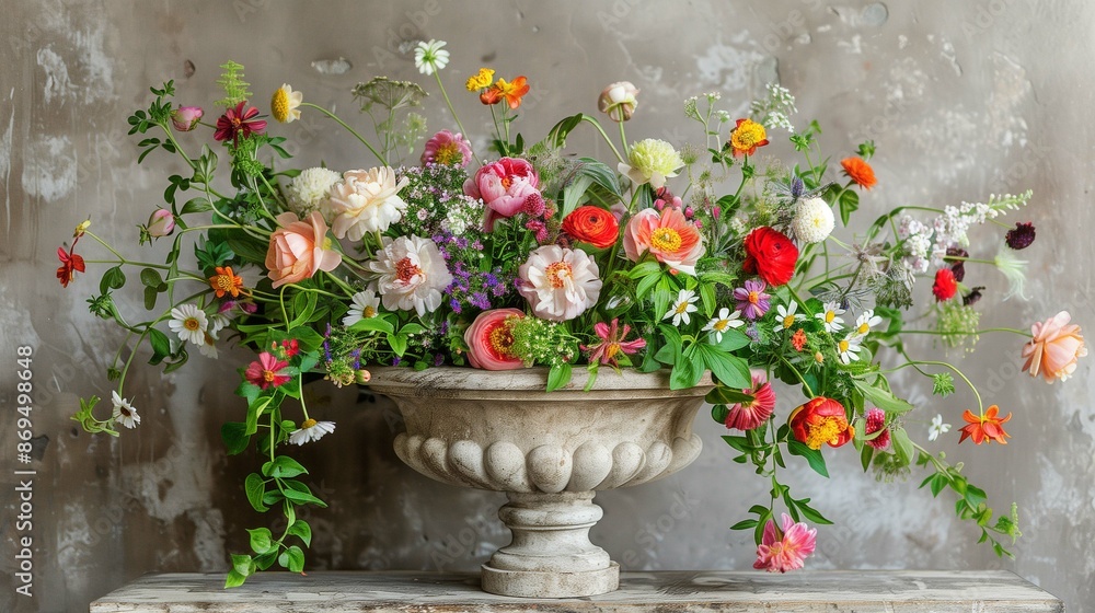 Lovely bright flowers with green leaves composition in vintage planter photo. Aromatic bouquet in room interior image background wallpaper. Blooming plants concept picture realistic Lovely bright flowers with green leaves composition in vintage planter photo. Aromatic bouquet in room interior image background wallpaper. Blooming plants concept picture realistic