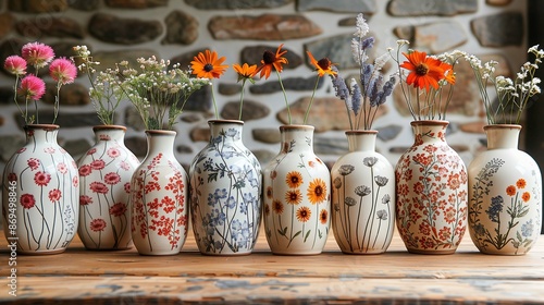 Gentle wildflowers in decorated ceramic vases photo. Bright spring flowers composition on wooden table image background wallpaper. Floral beauty tenderness concept picture realistic photo