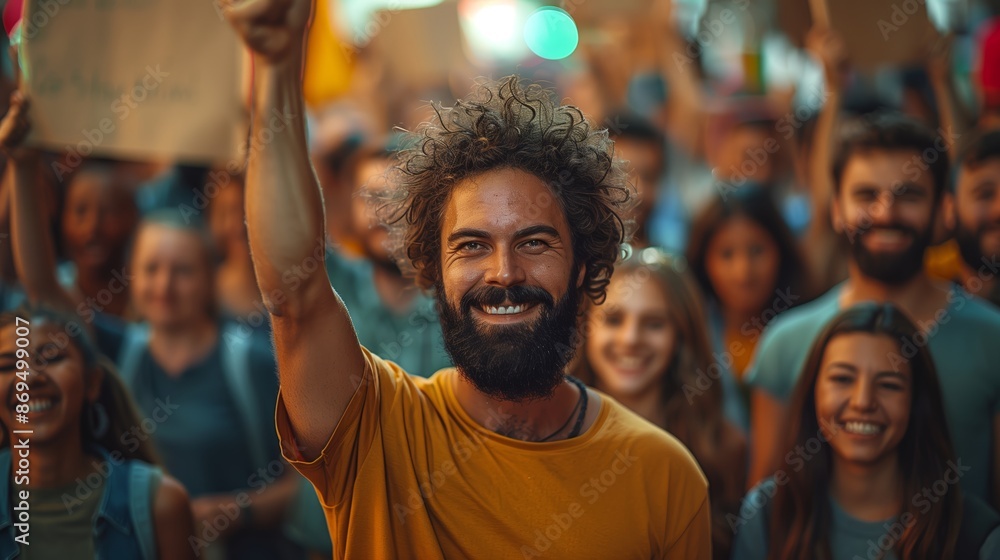 Smiling Man With Curly Hair Raises His Arm During a Nighttime Protest Smiling Man With Curly Hair Raises His Arm During a Nighttime Protest