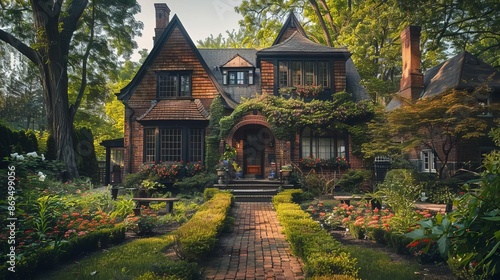 Elevated perspective of a charming Tudorstyle house with steep gables, brick exterior, and manicured garden, springtime, editorial style, classic photography