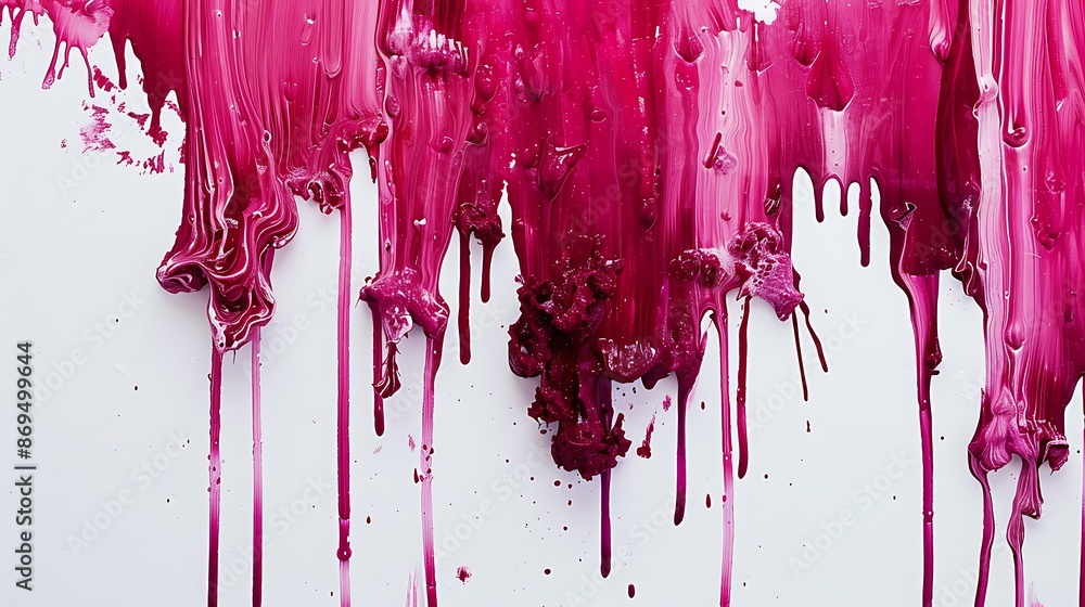 Fototapeta premium Ruby paint dripping and splattering onto a pure white backdrop, creating captivating textures.