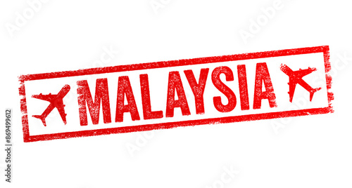 Malaysia - is a Southeast Asian country occupying parts of the Malay Peninsula and the island of Borneo, text emblem stamp with airplane