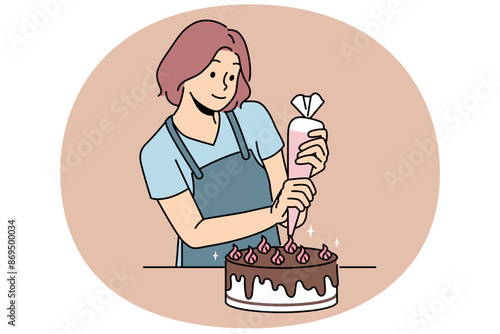 Woman confectioner prepares delicious cake for birthday party and decorates dessert with chocolate and butter cream. Young girl uses pastry bag to prepare sweet cake for festive table.