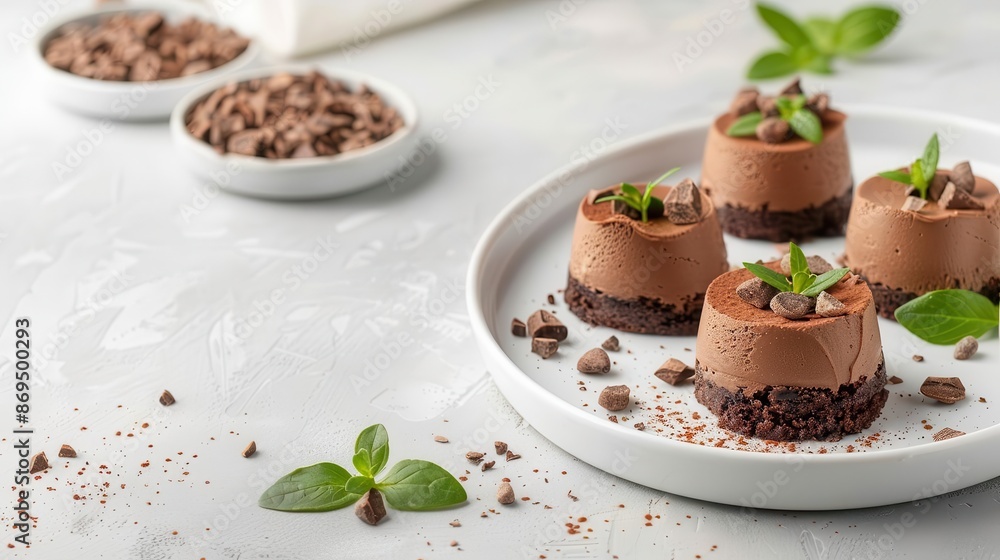 Mini chocolate cheesecakes with chocolate chips and mint garnish on a white plate. Mini chocolate cheesecakes with chocolate chips and mint garnish on a white plate.