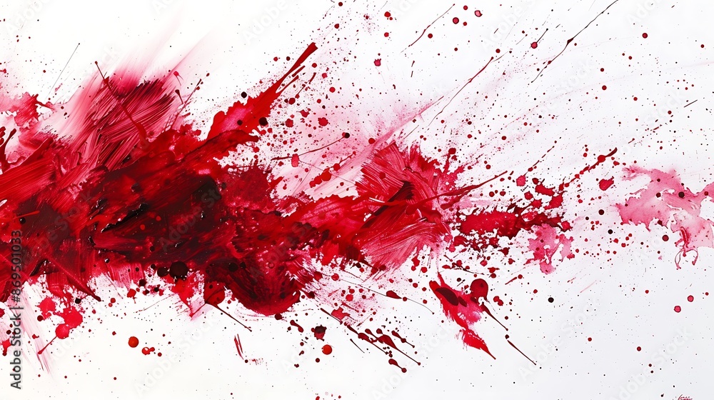 Ruby paint splatters blending and merging, forming an intriguing composition on white. Ruby paint splatters blending and merging, forming an intriguing composition on white.
