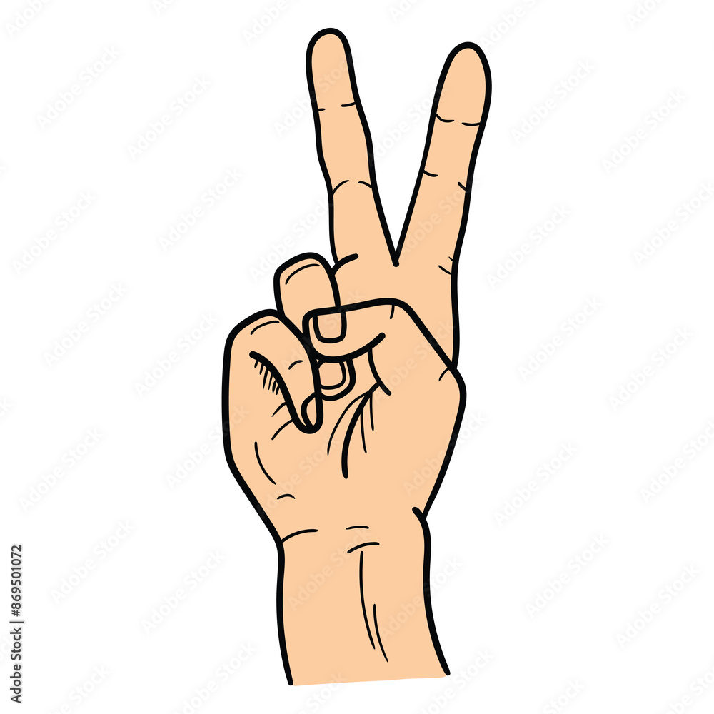 Hand drawn cartoon male hand showing gesture peace sign or number two on white background. Body language concept. Hand drawn cartoon male hand showing gesture peace sign or number two on white background. Body language concept.