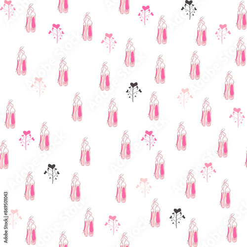 Seamless pattern with ballet pointe shoes and additional elements, imitation of a sketch, watercolors. Ballet school promo background