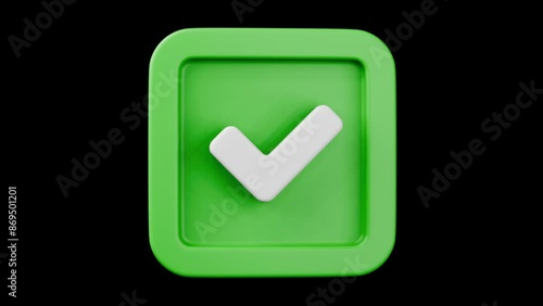 3d Ok confirm agree yes checkbox icon render movie on transparent background. Looped animation