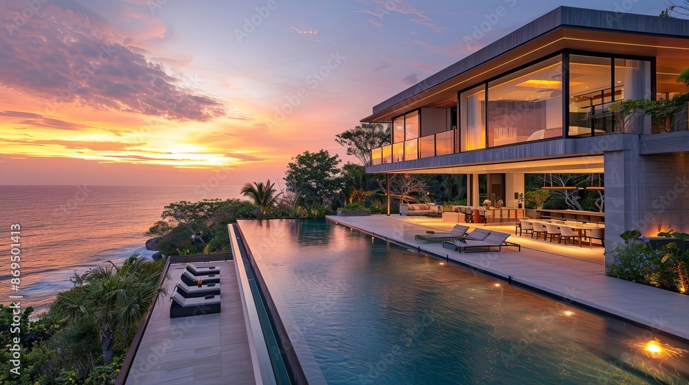Fototapeta premium Highangle view of a sleek modern villa with infinity pool, open floor plan, and ocean view, sunset, editorial style, striking photography