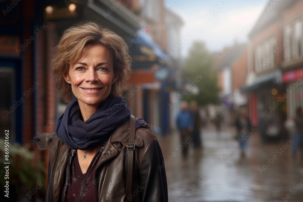 Portrait of a glad woman in her 50s dressed in a water-resistant gilet isolated in charming small town main street Portrait of a glad woman in her 50s dressed in a water-resistant gilet isolated in charming small town main street