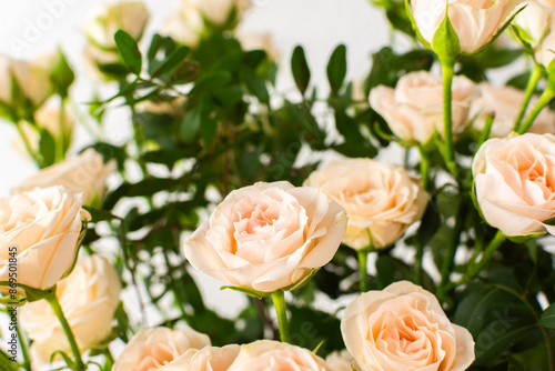 A bouquet of delicate cream roses close up, home decoration with flowers, a festive bouquet of roses for a birthday or wedding