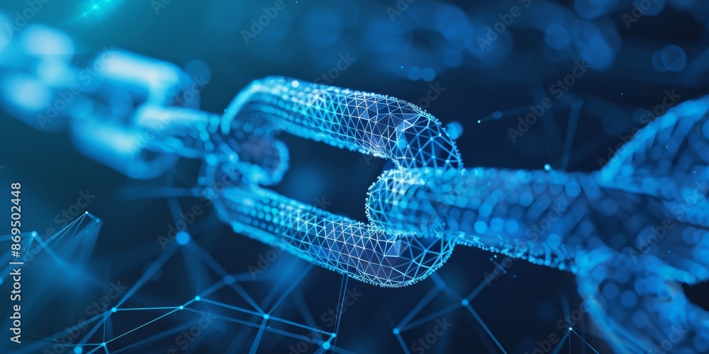 Artistic illustration of glowing blue chain of data blocks floating in digital space. Artistic illustration of glowing blue chain of data blocks floating in digital space.