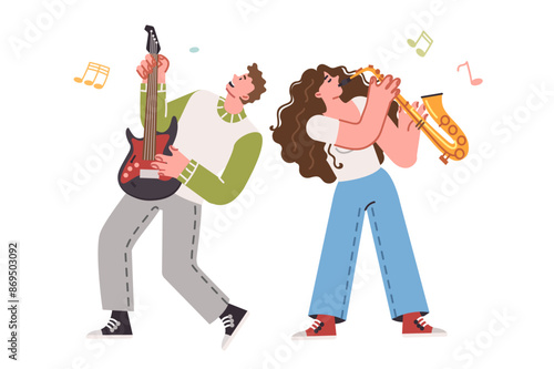 Musical group performing jazz tune on guitar and saxophone for entertainment of audience