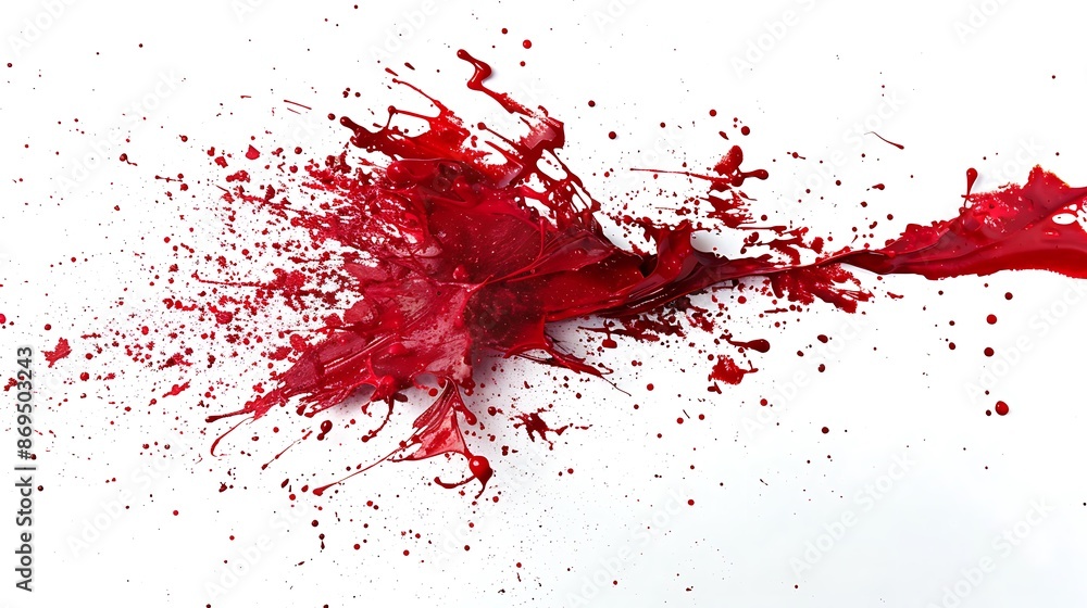 Ruby paint splatters spreading outwards, creating a sense of energy and movement on white. Ruby paint splatters spreading outwards, creating a sense of energy and movement on white.
