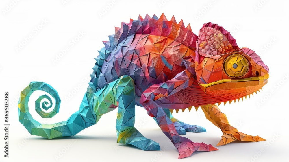 Fototapeta premium Origami chameleon, 3D model, white background, color change detail