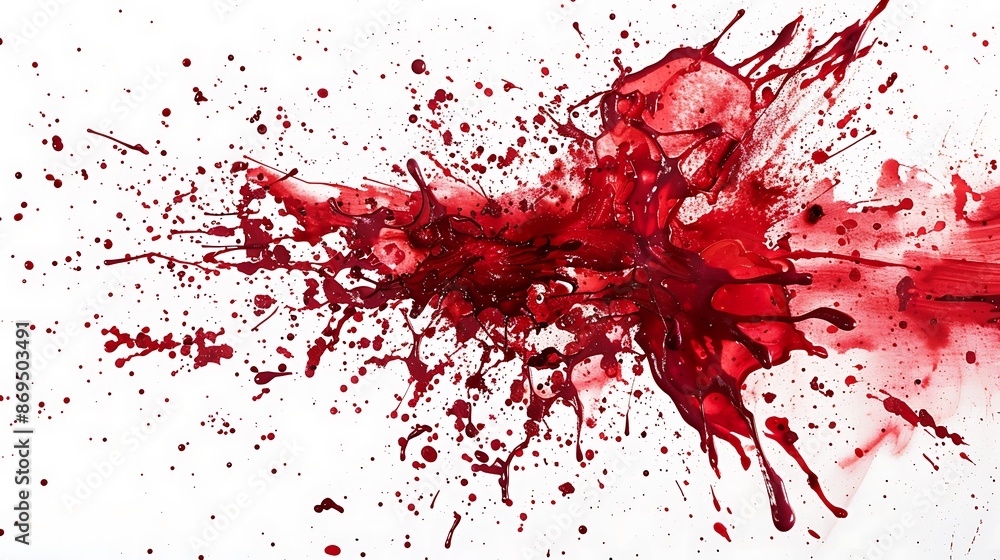 Ruby paint splatters spreading outwards, creating a sense of energy and movement on white. Ruby paint splatters spreading outwards, creating a sense of energy and movement on white.