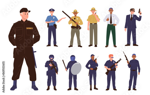 Diverse people cartoon characters security, police or guard service workers isolated set on white