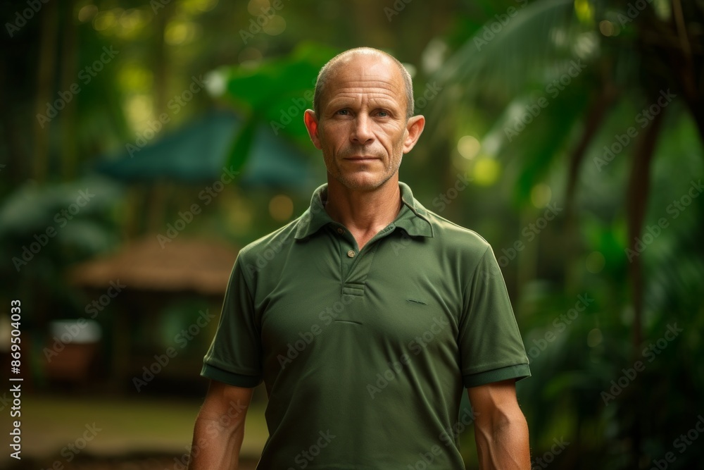 Portrait of a tender man in his 50s wearing a sporty polo shirt while standing against lush tropical rainforest Portrait of a tender man in his 50s wearing a sporty polo shirt while standing against lush tropical rainforest