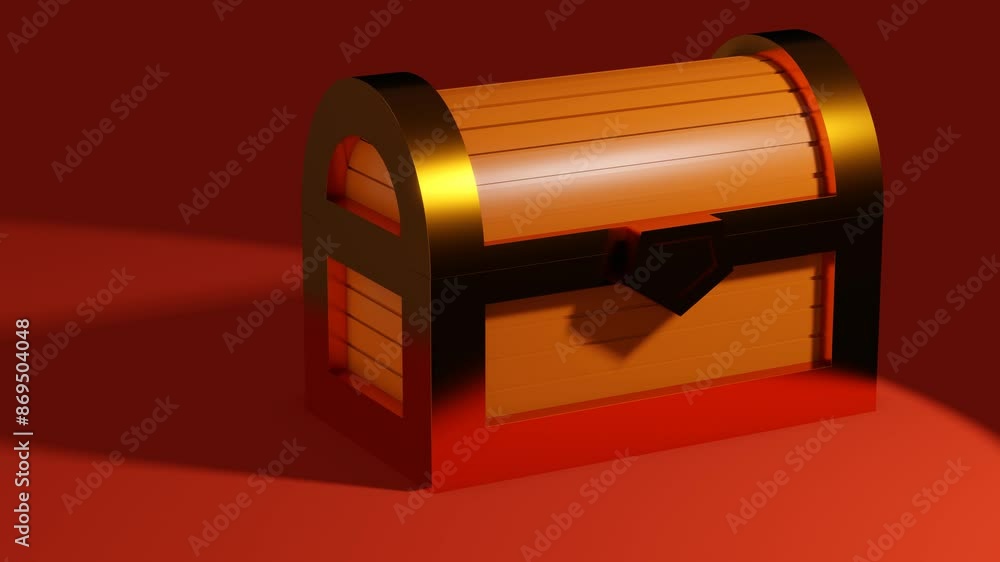 Wooden chest with gold on a red background. Minimal modern seamless motion design. Abstract loop animation Wooden chest with gold on a red background. Minimal modern seamless motion design. Abstract loop animation