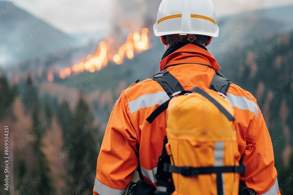 Fototapeta premium Portrait of a fireman against the backdrop of a burning forest. Forest fire. Emergency. Emergency. Natural disaster. Male firefighter in helmet