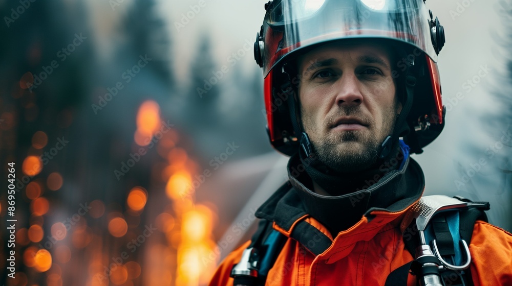 Portrait of a fireman against the backdrop of a burning forest. Forest fire. Emergency. Emergency. Natural disaster. Male firefighter in helmet Portrait of a fireman against the backdrop of a burning forest. Forest fire. Emergency. Emergency. Natural disaster. Male firefighter in helmet