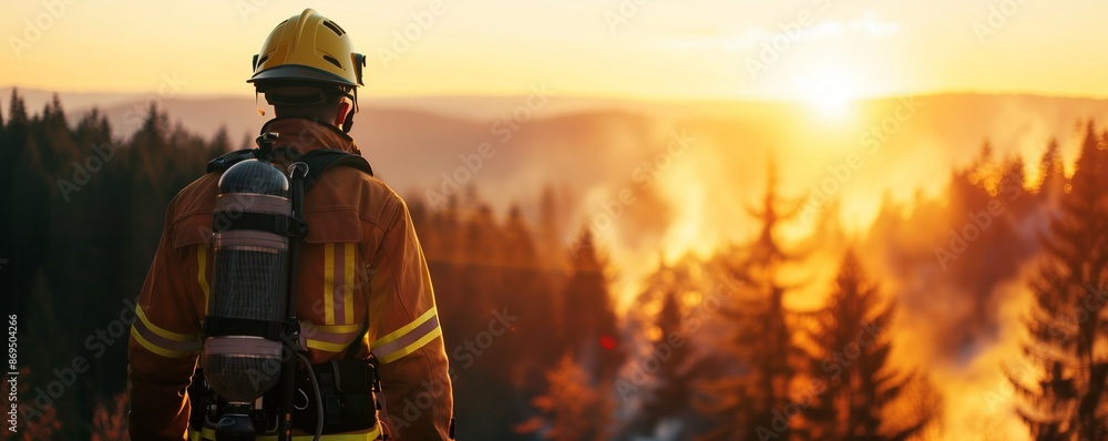 Portrait of a fireman against the backdrop of a burning forest. Forest fire. Emergency. Emergency. Natural disaster. Male firefighter in helmet Portrait of a fireman against the backdrop of a burning forest. Forest fire. Emergency. Emergency. Natural disaster. Male firefighter in helmet