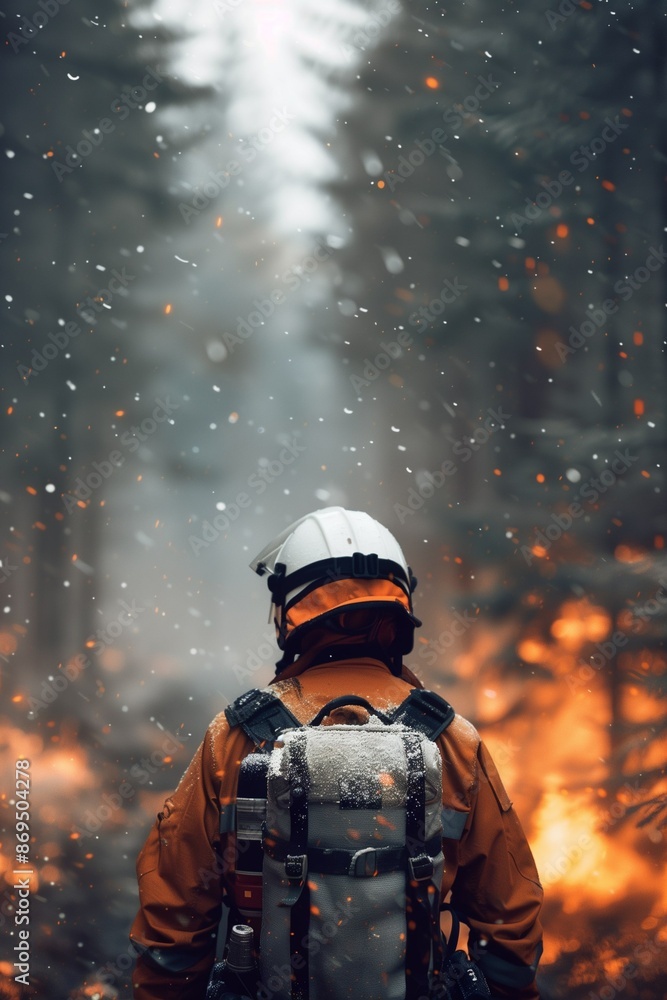 Fototapeta premium Portrait of a fireman against the backdrop of a burning forest. Forest fire. Emergency. Emergency. Natural disaster. Male firefighter in helmet