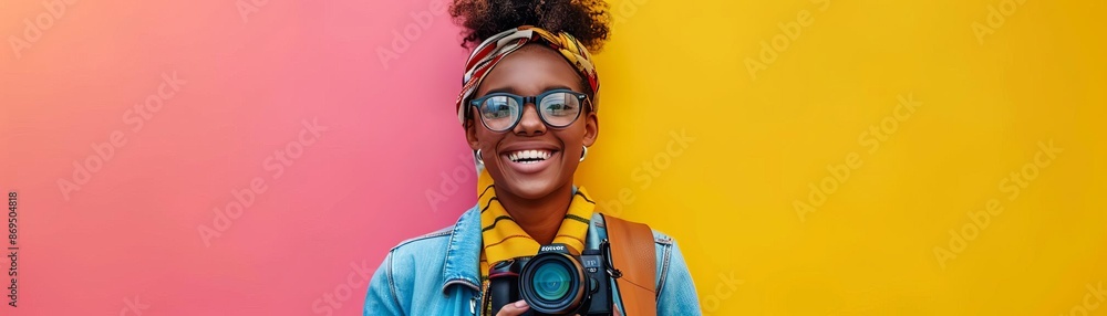 Young photographer with a tripod, smiling excitedly, holding a camera bag, colorful background, editorial style, clear photo Young photographer with a tripod, smiling excitedly, holding a camera bag, colorful background, editorial style, clear photo
