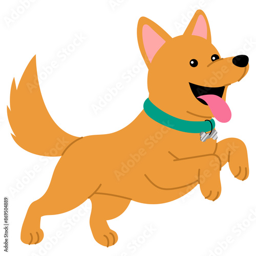happy brown dog with green collar sticks out its tongue and jumping 