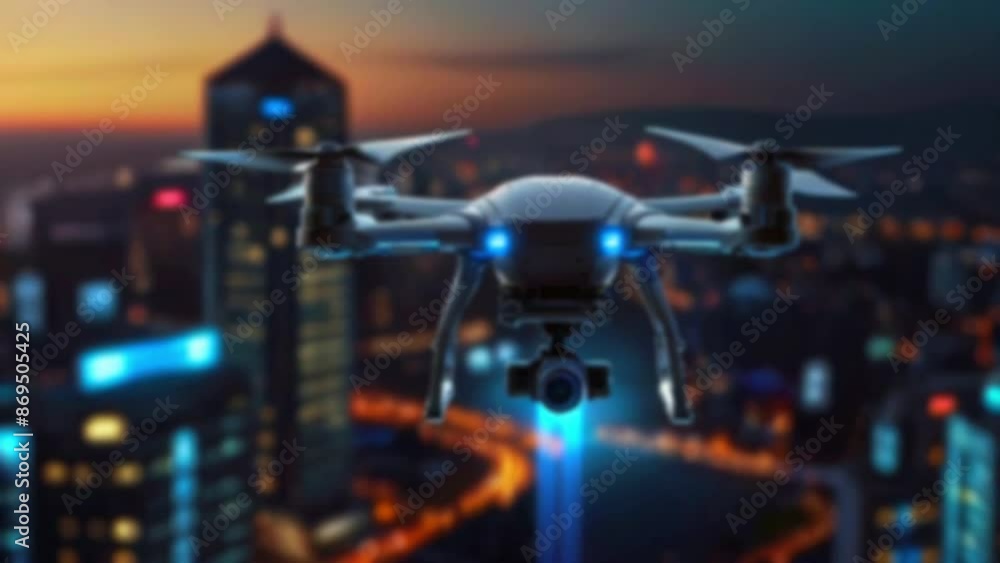 A black drone is flying in front of a blurred cityscape at dusk. A black drone is flying in front of a blurred cityscape at dusk.